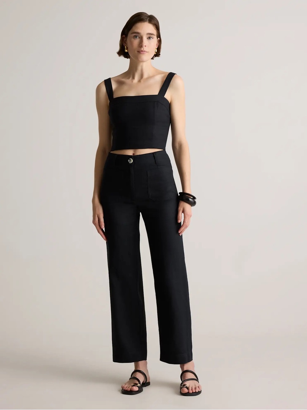 Quince NWT 100% European Linen Patch Pocket Wide Leg Pants Black Ankle